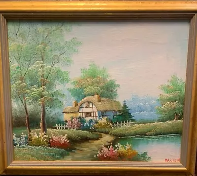 VTG  Oil Painting On Canvas Country Cottage Signed By  Marten Framed 12  X 10  • $29.95