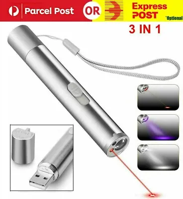 3 In 1 Multi Function Premium Cat Toy Laser Pointer USB Charging LED Torch Light • $10.99