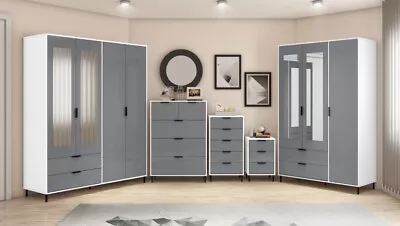 Madrid Grey And White Gloss Bedroom Furniture Set - Wardrobes Chests Bedside • £299.99