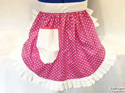 RETRO VINTAGE 50s STYLE HALF APRON / PINNY - CANDY PINK POLKA DOT With WHITE • £19.99