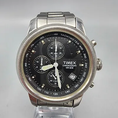 Timex Chronograph 927 Watch Men Silver Tone Black Dial Date 38mm Round New Batt • $53.99