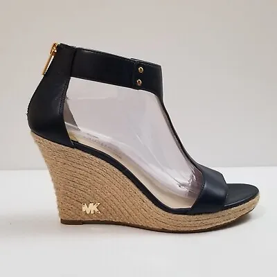 Michael Kors Espadrille Navy Blue Leather Wedge Sandals Womens Sz 9 Open Toe Zip • $54.99