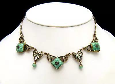 Gorgeous Vintage Art Deco Nouveau Era Necklace Peking Glass Enamel Foliate Brass • $224.99