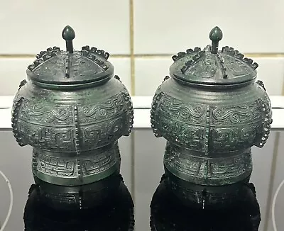 Pair Of Japanese Murashido Bronze Wine Containers And Covers Signed • £10.50