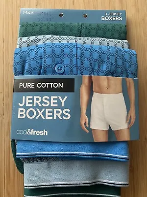 M&S Mens 3pk Pure Cotton Jersey Boxers Chain Print Cool & Fresh (S) Waist 30-32” • £15.99