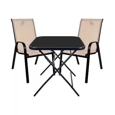 Garden Outdoor Square Folding Tempered Glass  Bistro Table & Stacking Chair Set • £89.99