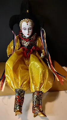 Vintage Harlequin Jester Doll Velvet Hat With Ribbons Intricate Outfit 24in SEE • $24.99