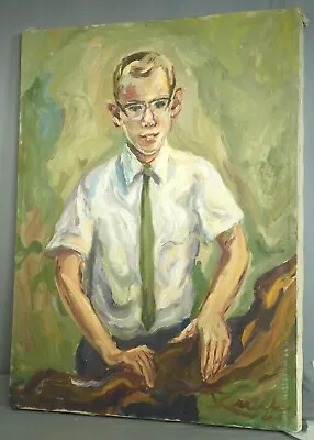 Vintage Modernist Oil Painting Portrait Teen Boy Spectacles Louis Rauch Big BIG • $248