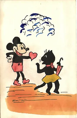 DISNEY PC MICKEY MOUSE ON THE BEACH WITH A CAT Vintage Postcard (b28678) • $12.78