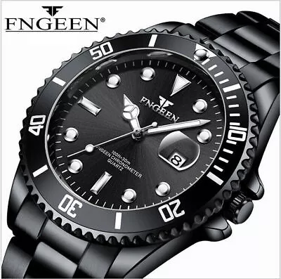 FNGEEN Mens Watch Stainless Steel Date Analog Quartz Wrist Sport Watches + Box • £12.58