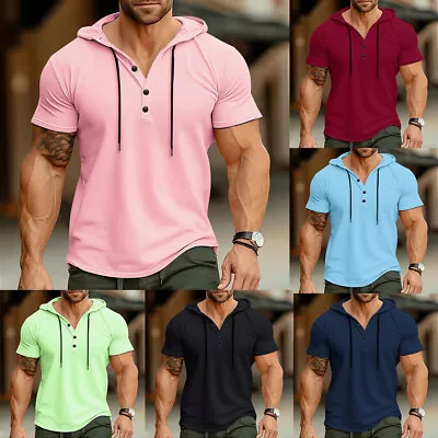 Mens Summer Short Sleeve Hooded Sport T Shirt Sportswear Tops Hoodie Fitness Tee • $4.12
