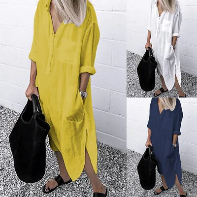 $26.98 • Buy ZANZEA Womens Cotton Linen Shirt Dress Side Split Long Sleeve Workwear Dress Top