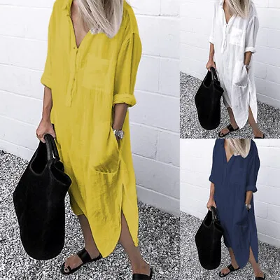 ZANZEA Womens Cotton Linen Shirt Dress Side Split Long Sleeve Workwear Dress Top • $26.98