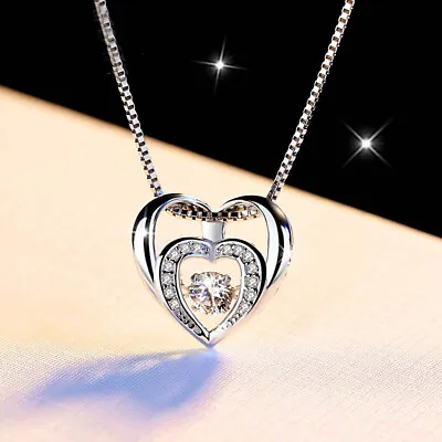 925 Sterling Silver Double Heart Pendant Chain Necklace Womens Jewellery New UK • £3.47