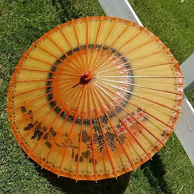 Vintage Asian Rice Paper Bamboo Parasol Umbrella Hand Painted Birds Flowers Tree • $23
