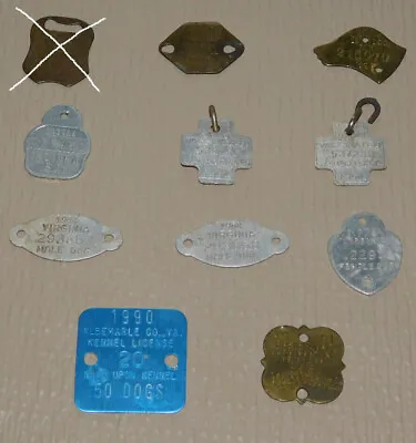 Lot Of 10 Vintage Dog Collar Tags Tax License Vaccination Brass 1922-1991 • $39.99