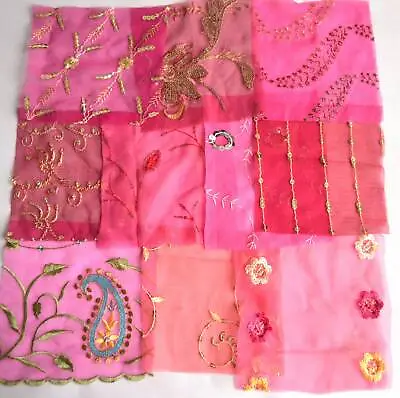 Pink Assorted Embellished Sari Fabric Remnants Scraps - 10 Pieces • £3.95