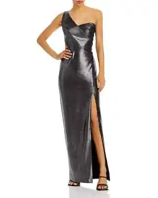 Aidan Mattox One Shoulder Foil Knit Gown Women's 10 Gunmetal Black Zip Closure • $114.89