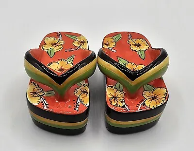 Clay Art Salt & Pepper Shakers Flip Flop Slipper Sandals Hibiscus Flower Design • £16.40