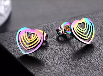 Minimalist Heart Earrings Rainbow Effect Stainless Steel 1 Pair • £4.50