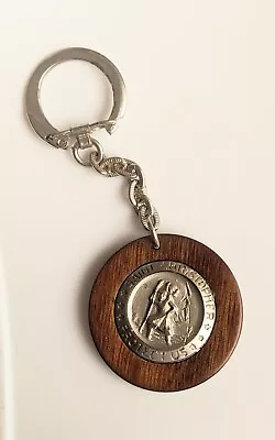 Vintage ST CHRISTOPHER  Protect Us Metal On WOOD Catholic KEYCHAIN  • $25