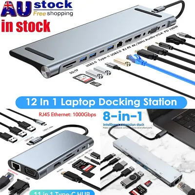 $52.99 • Buy 12/11/8 In 1 USB 3.0 Type C USB-C Data HUB 4K HDMI VGA PD Charger Port Adapter