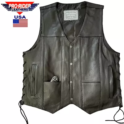 Pro USA Men Motorcycle 9 Pockets Leather Biker Vest Laces Single Panel Gun Carry • $29.95