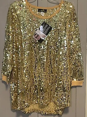 New Joan Boyce Women's Top Large Gold Sequined 3/4 Sleeve Shirt NWT Blouse Fancy • $29.80