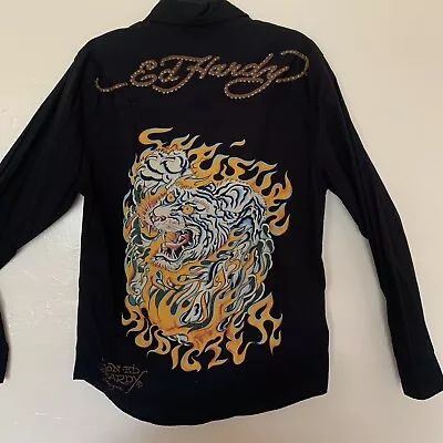 Ed Hardy Christian Audigier Shirt Men Sz M Black Tiger Dragon Love Peace Tattoo • $39.99