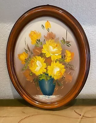 Painting MidCentury Yellow Roses Blue Vase On Board With Frame Art Oval Vintage • $25.99