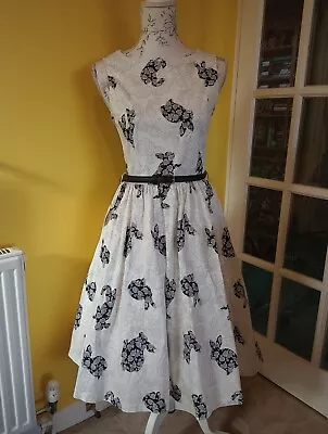 Lindy Bop Audrey White Rabbit Floral Print Swing Dress Size 8-10 • £28