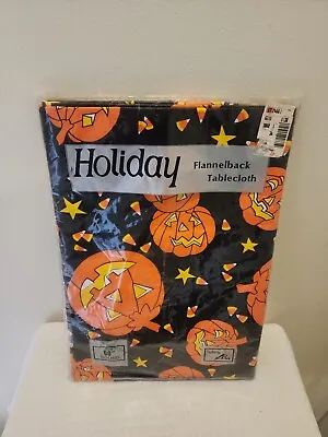 Vintage 60  Round Halloween Pumpkin Candy Corn Vinyl Tablecloth • $16.99