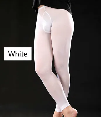 Men's Long Johns Transparent Pants Trousers Skinny Fitness Bottom Leggings White • £17.45