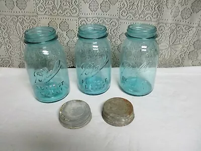 3 Vintage Ball Blue/Green Quart Jars - 2 With Zinc Lids - #3 6 9 • $10