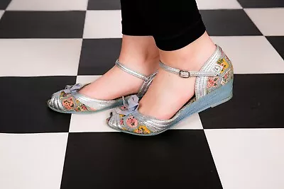 Vintage Style Blue & Silver Floral Peeptoe Miss L Fire Wedge Sandals Heels 7 • £46