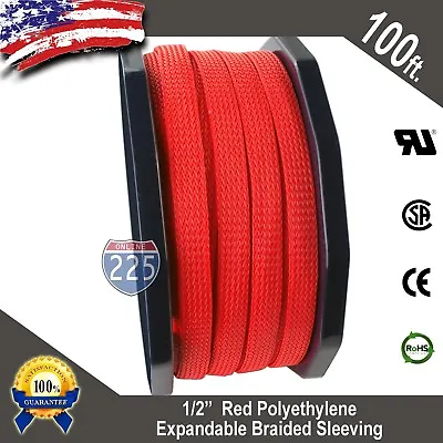 100 FT 1/2  Red Expandable Wire Cable Sleeving Sheathing Braided Loom Tubing US • $22