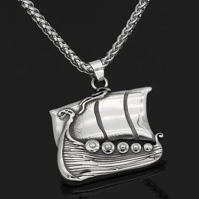 Vintage Nordic Viking Stainless Steel Pirate Boat/Ship Pendant Necklace • $8.99