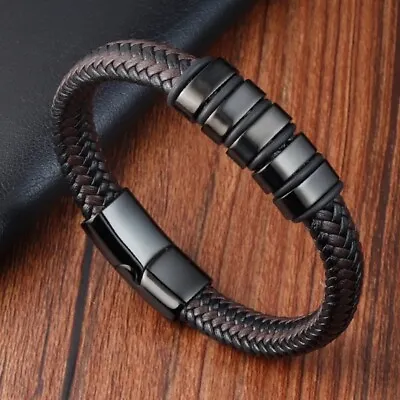 Men's Leather Wrap Braided Bracelet Bangle Titanium Steel Magnetic Clasp • $13.50