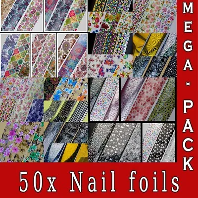 50 X Nail Foils Mixed Nail Art Transfer Foil Wraps Decal Glitter Stickers • $3.90