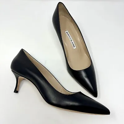 Manolo Blahnik Black Leather Pointed Toe Low Heels Size 38 New • $295