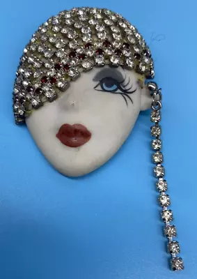 Elvira & Jackie Signed - Porcelain Face W/Clear & Red Rhinestones - Brooch - VGT • $39.45