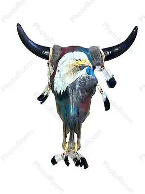 Real Hand Painted Cow Skull  southwest signed skull eagle   18.5  X 18  • $150