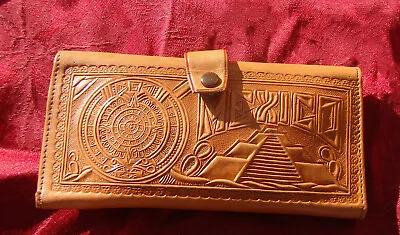 Mexican Hand Tooled Leather Tri-fold Wallet Clutch Natural Brown Mexico Designs • $12.99