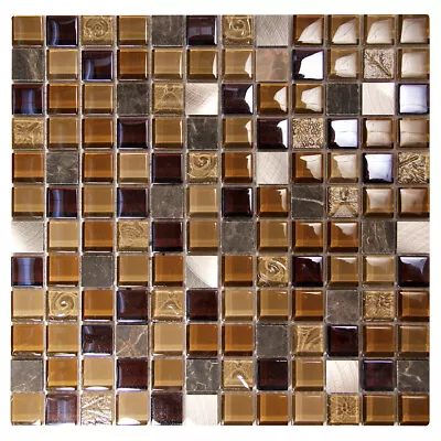 Mosaic Tile Glass Marble  Metal Coeus Squares Kitchen Wall Backsplash Brown • $34.70