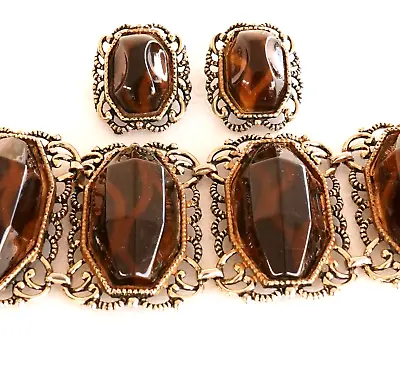 Chunky Vintage Lucite Faux Tortoise Shell Brown Bracelet Bracelet Earring Set  • $50