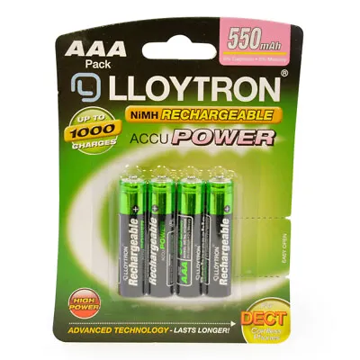 4 X LLOYTRON 550 MAh AAA RECHARGEABLE Ni-MH BATTERIES IDEAL FOR CORDLESS PHONE • £3.89