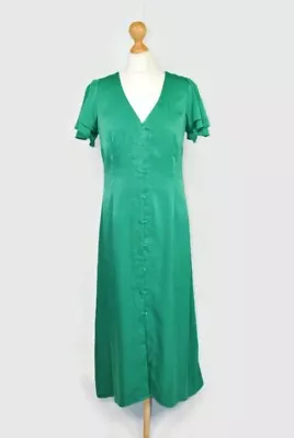 New EX Warehouse Satin Green Button Up Asymmetric Hem Retro Midi Dress Size 10 • £24