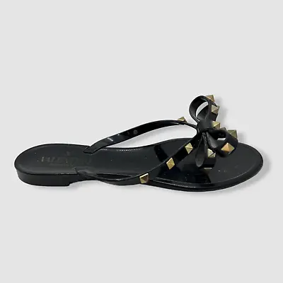 $345 Valentino Garavani Women's Black Rockstud Jelly Thong Sandal Shoes Size 37 • £93.27