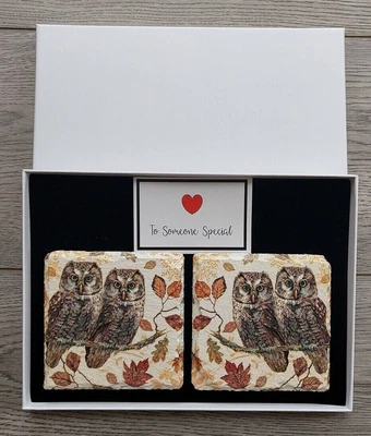 £24.99 • Buy Owl Couple Slate Coasters , Autumn Leaves, Wildlife, Owl Gifts Decoration