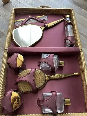 Vintage Antique Art Deco Vanity Mirror Hair Brush Makeup Jar Set Travel Set Case • $55